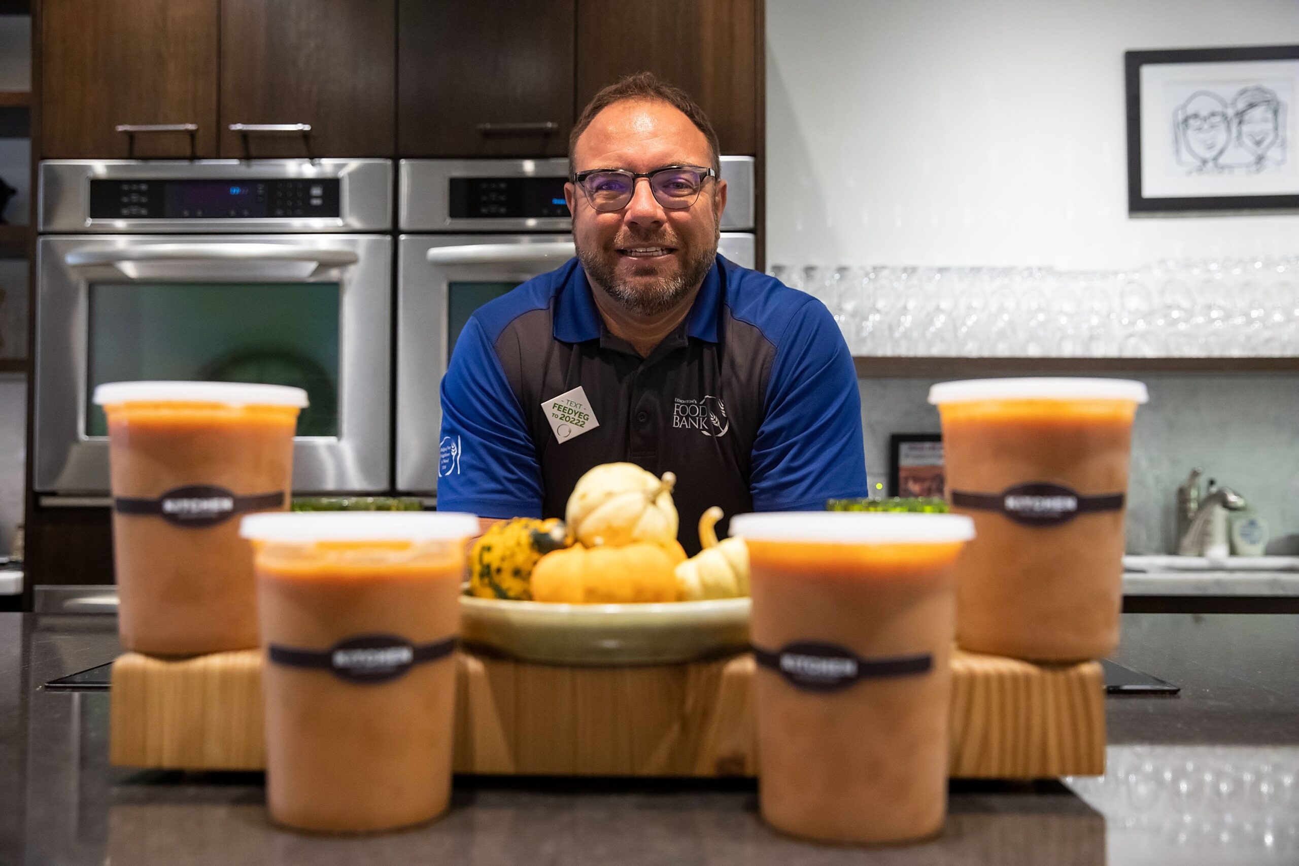 Edmonton Food Bank vice chair David Benjestorf is photographed with soups made from food harvested at his farm at Kitchen By Brad in Edmonton on Friday, Oct. 9, 2020. Benjestorf harvested 95,000 pounds of food this year at his farm, much of which was donated to the Food Bank. 